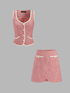 Contrast Piping Tweed Two Piece Elegant Office Skirt Set