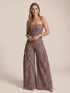 Strapless Eyelet Top & Wide Leg Pants Set for Summer Outfits