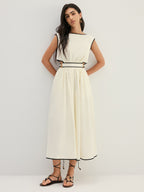 Contrast Trim Cutout Tie Back Midi Dress with Sleeveless Design
