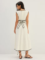 Contrast Trim Cutout Tie Back Midi Dress with Sleeveless Design