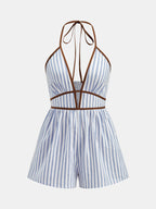 Halter Striped Cutout Casual Romper Women's Summer Outfit Idea