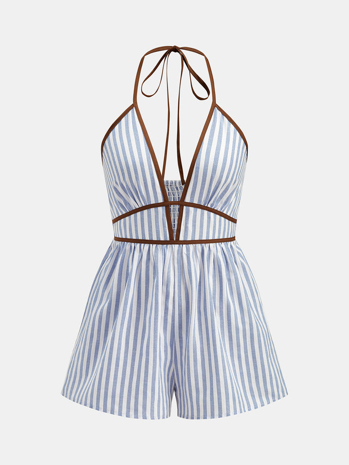 Halter Striped Cutout Casual Romper Women's Summer Outfit Idea