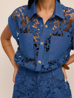 Guipure Lace Cropped Shirt & Shorts Set with Elegant Embroidery Detail