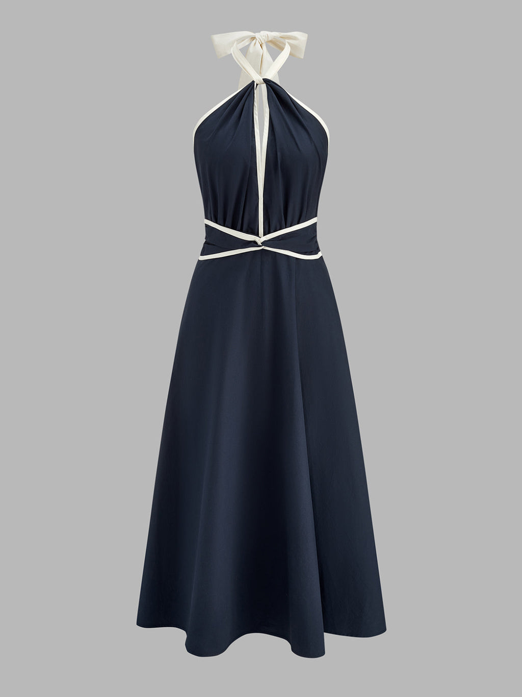 Contrast Halter Cotton Swing Dress with Pockets and Belted Waist
