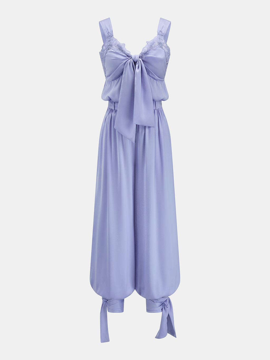 Lace Trim Tie-Front Balloon Leg Cozy Lounge Set for Women