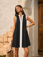 Color Block Stand Collar Cotton Linen Mini Dress for Casual Summer Wear