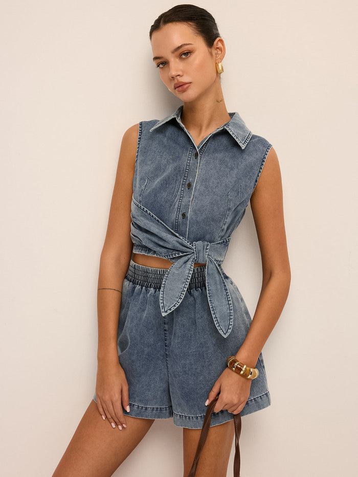 Denim Tie-Waist Sleeveless Shirt & Shorts Set for Women Summer Casual
