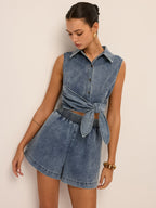 Denim Tie-Waist Sleeveless Shirt & Shorts Set for Women Summer Casual