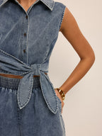 Denim Tie-Waist Sleeveless Shirt & Shorts Set for Women Summer Casual
