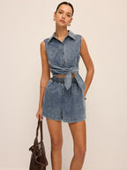 Denim Tie-Waist Sleeveless Shirt & Shorts Set for Women Summer Casual