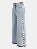 Side Lace Panel Wide Leg Jeans with High Waist Fit