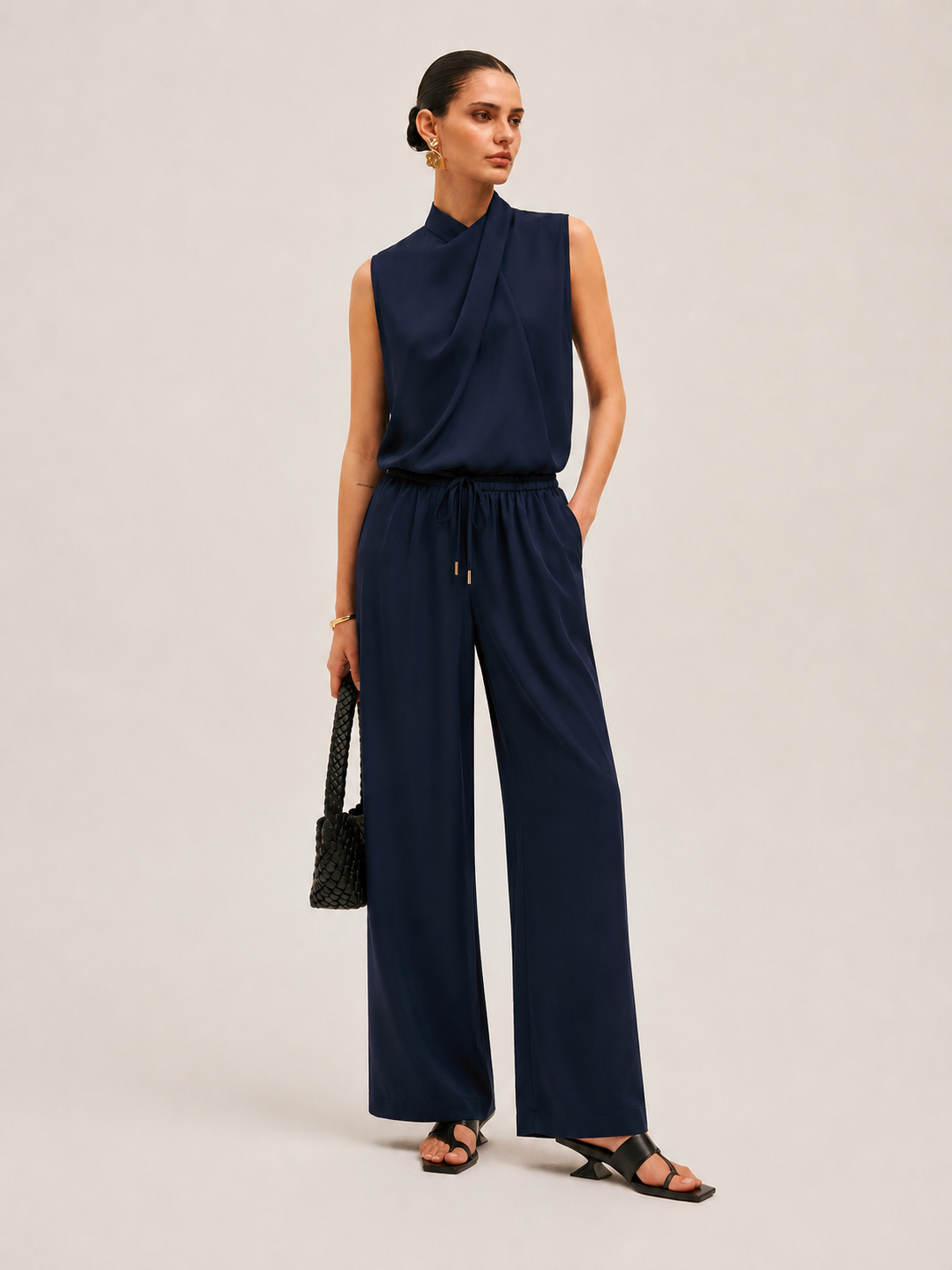 Satin Drape Neck Top & Drawstring Pants Set for Elegant Evenings