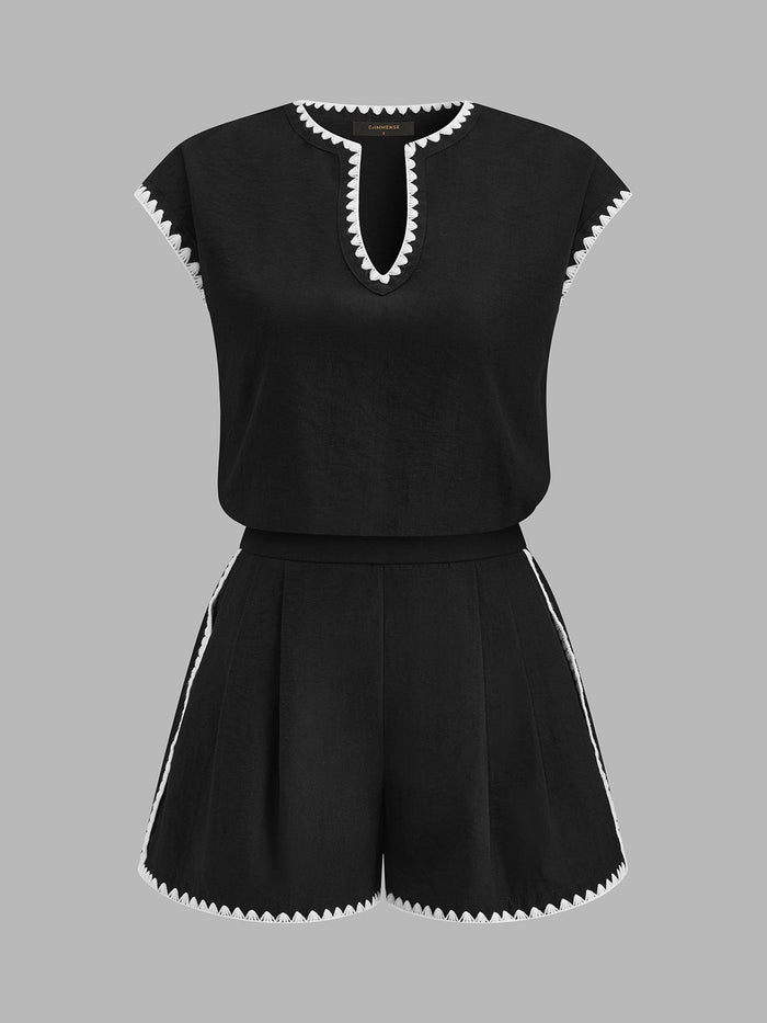 Casual Embroidered Trim Two Piece Shorts Set for Women Spring Collection