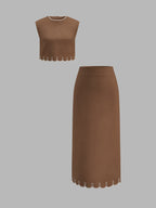 Contrast Stitch Linen Blend Two Piece Skirt Set for Women Summer Casual