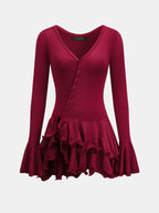 V Neck Button Flare Sleeve Ruffle Mini Dress Elegant Casual Party-wear