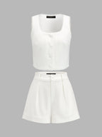"Lace Trim Square Neck Vest & Shorts Set with Comfort Fit"