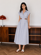 Striped Buckle Detail Cotton Shirt Dress with Belted Waist