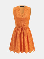 Scallop V Neck Eyelet Belted Mini Dress with Mesh Overlay