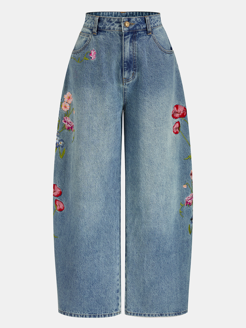 Floral Embroidery Curved-Leg Denim Pants for Women Casual Wear