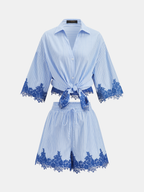 Lace Trim Striped Two Piece Shorts Set for Women Casual Summer