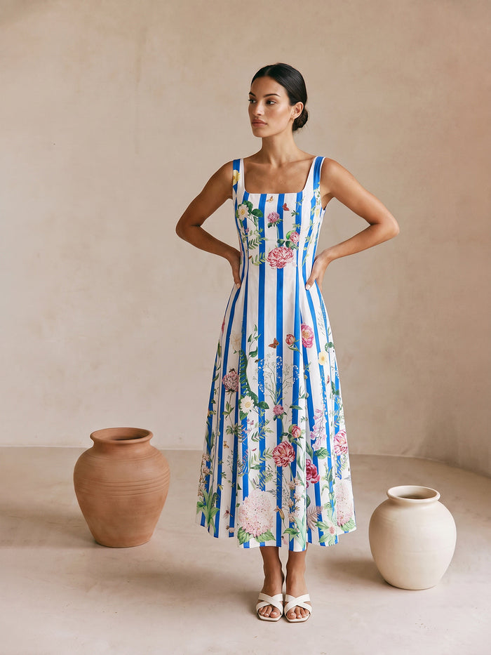 Floral Print Striped Sleeveless Maxi Dress for Women Casual Summer Style