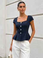 Cap Sleeve Square Neck Peplum Blouse for Women Elegant Workwear