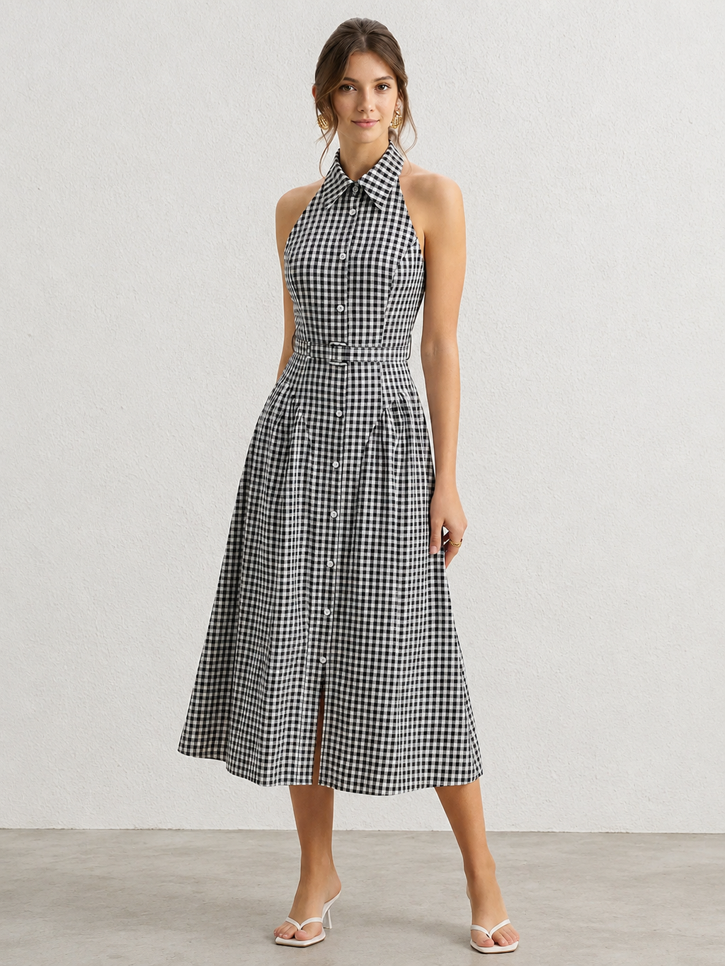 Gingham Collared Halter Belted Midi Dress with Pockets and Button Details
