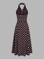 Polka Dot Halter Belted Cotton Linen Midi Dress Women's Summer Fashion