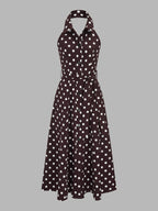 Polka Dot Halter Belted Cotton Linen Midi Dress Women's Summer Fashion