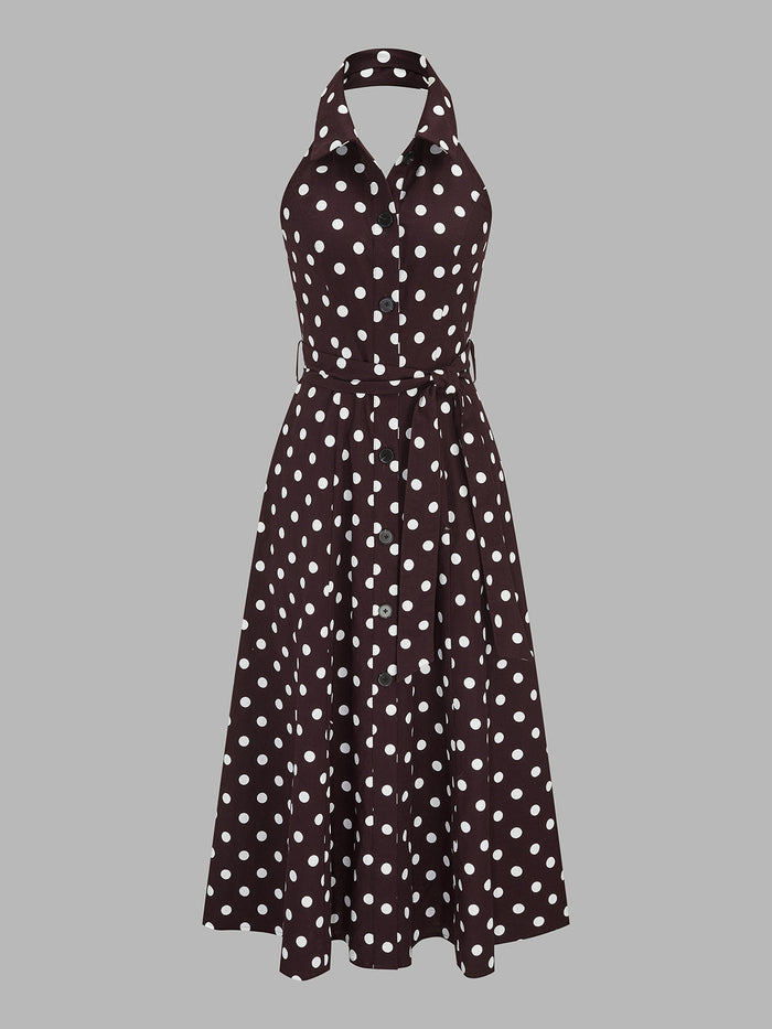 Polka Dot Halter Belted Cotton Linen Midi Dress Women's Summer Fashion