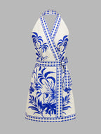 Botanical Print Halter Wrap Dress for Summer Weddings and Events