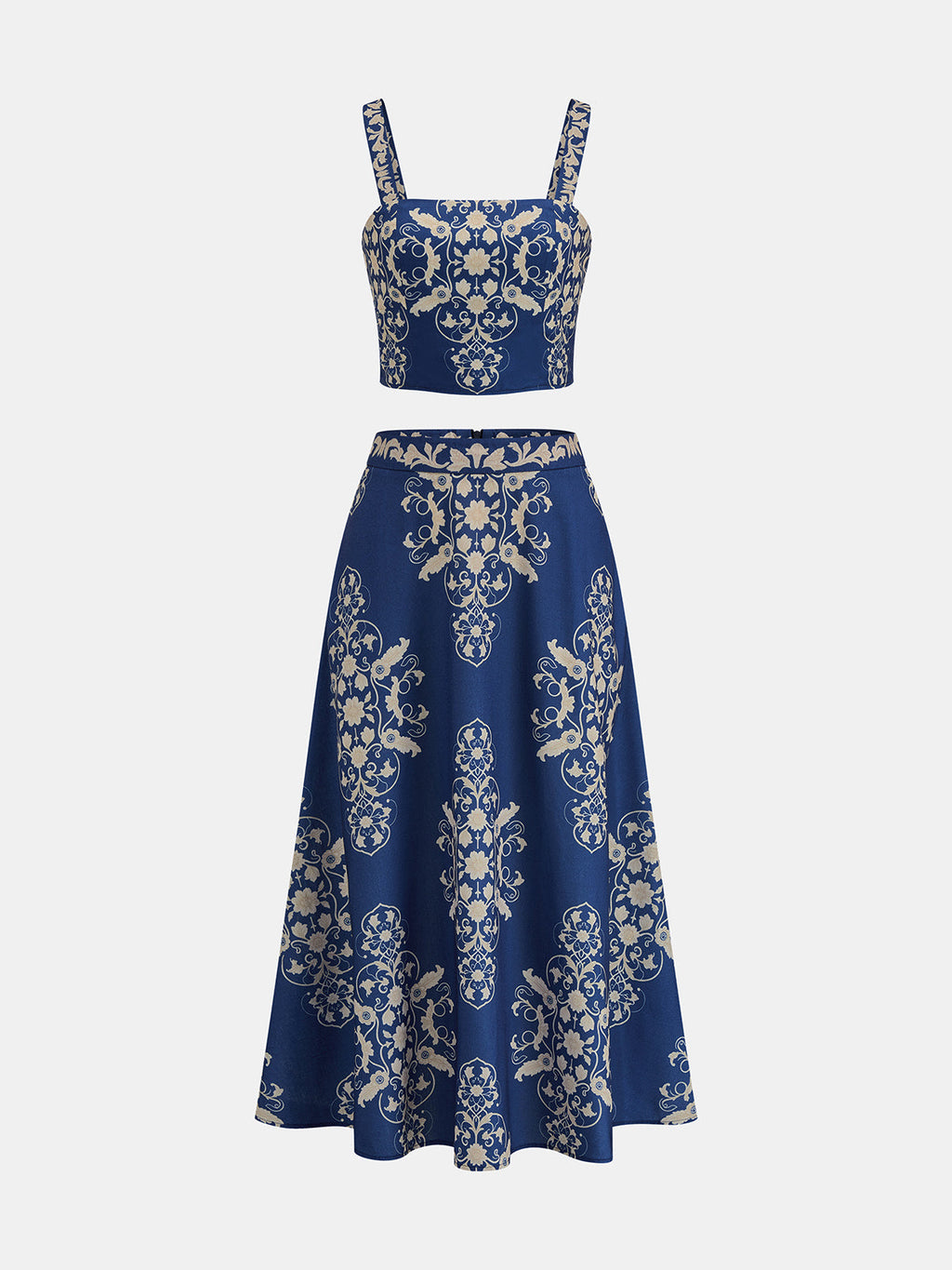 Baroque Print Cami Crop Top & Maxi Skirt Set for Women Summer Festival Fashion