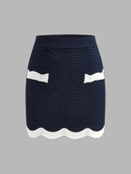 Contrast Trim Wavy Knit Two Piece Skirt Set Chic Women's Fashion Outfit