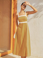 Contrast Trim Cotton Linen Midi Dress - Women's Casual Summer Style