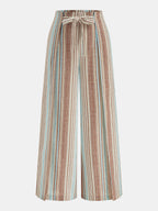 Color Stripe Drawstring Wide Leg Pants for Women, Casual Fit