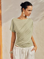 Draped Short Sleeve Asymmetric Hem Slim Top for Women Casual Wear