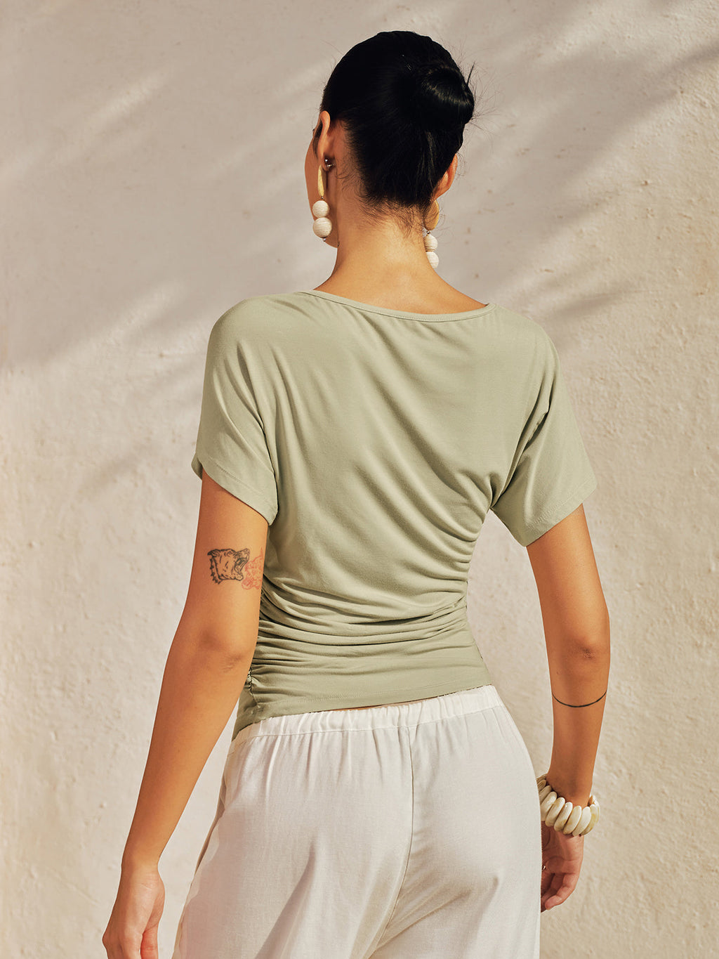 Draped Short Sleeve Asymmetric Hem Slim Top for Women Casual Wear