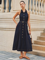 Halter A-Line Belted Denim Dress for Women Casual Summer