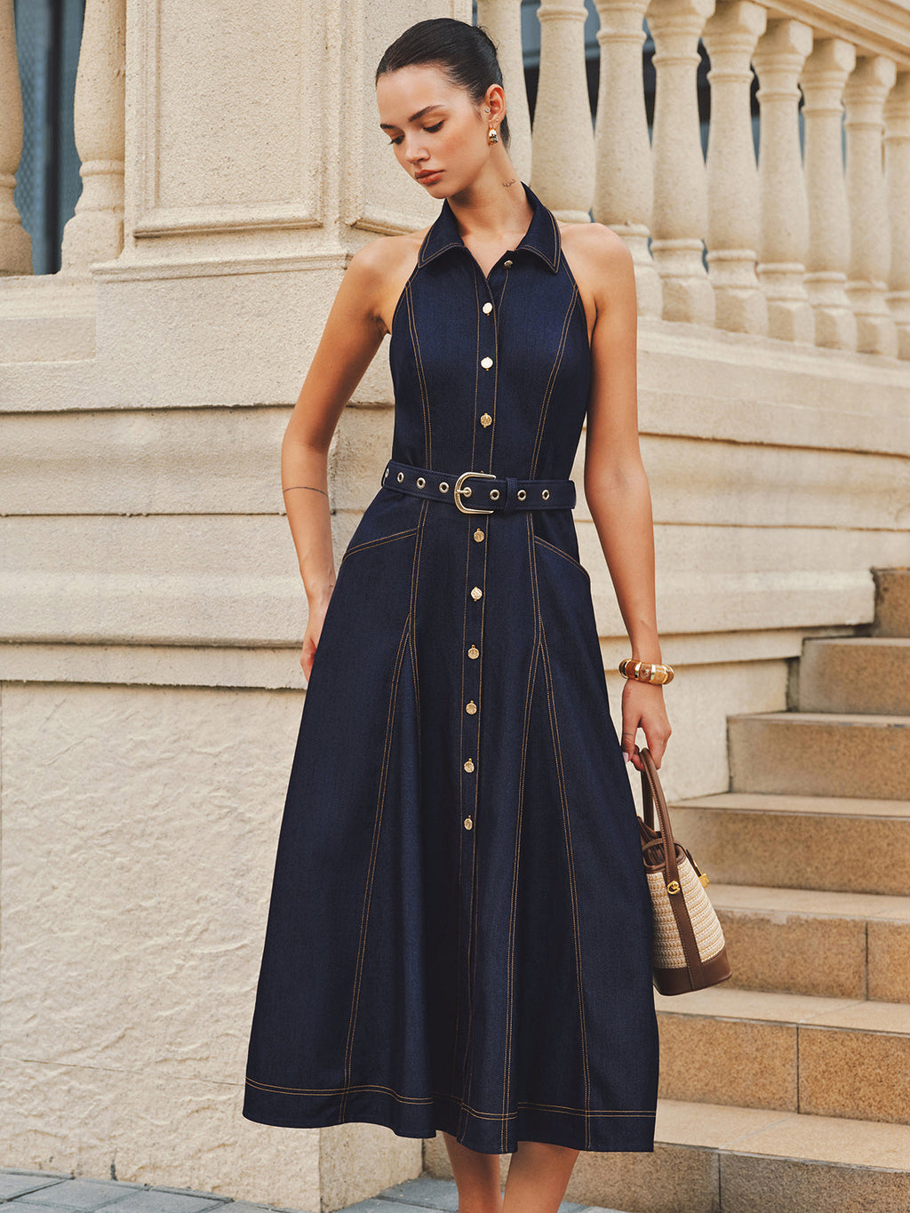 Halter A-Line Belted Denim Dress for Women Casual Summer