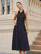 Halter A-Line Belted Denim Dress for Women Casual Summer