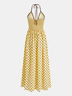Polka Dot Halter Cotton Linen Midi Dress for Summer Casual Wear