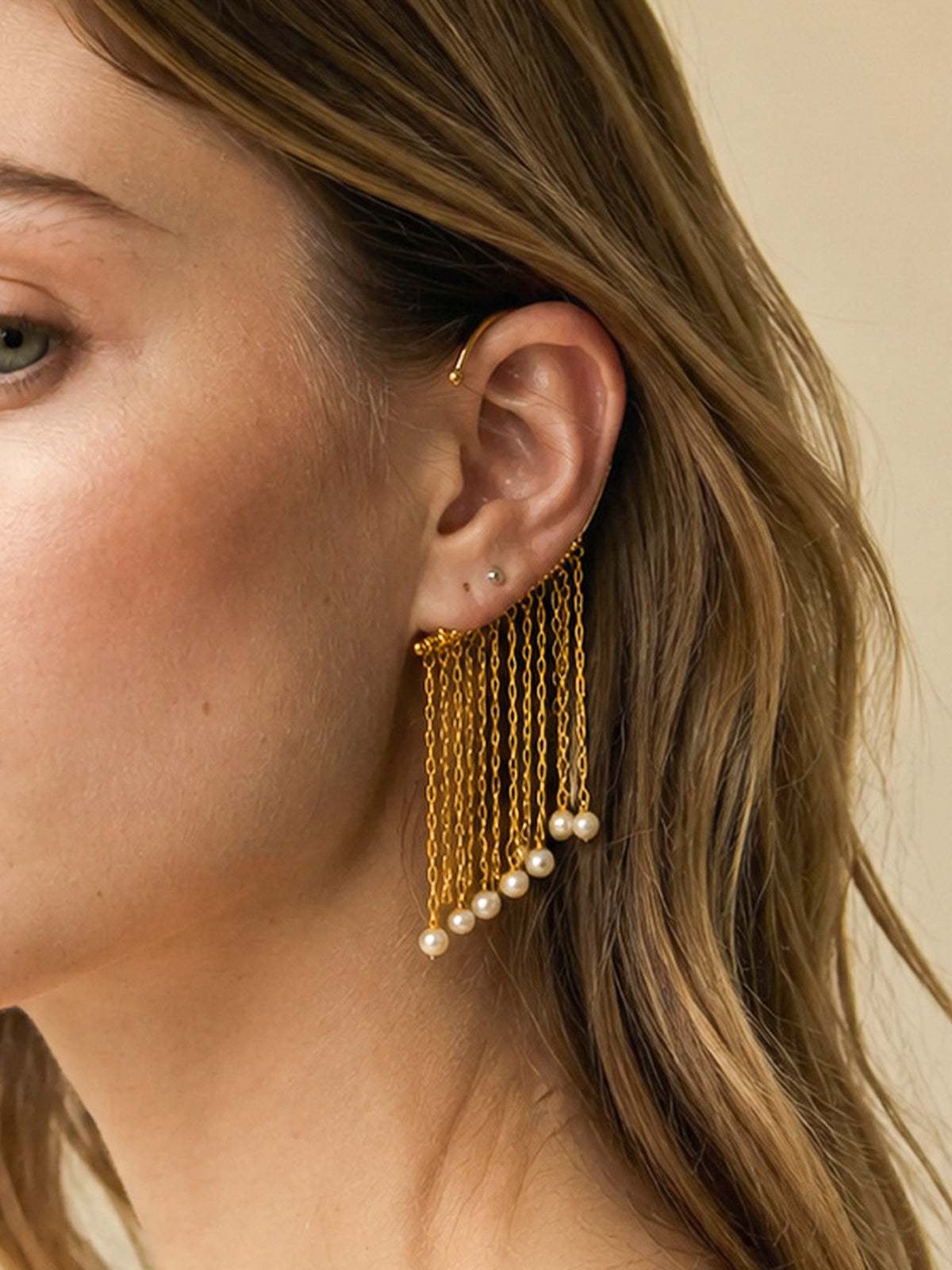 Pearl Tassel Chain Ear Cuff Earring, Elegant Women's Statement Jewelry Piece