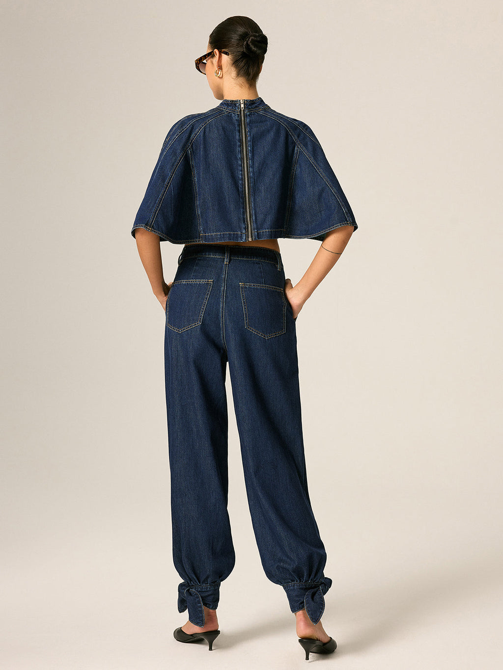 Mid Waist Tie Cuff Denim Pants for Women Casual Stretch Fit
