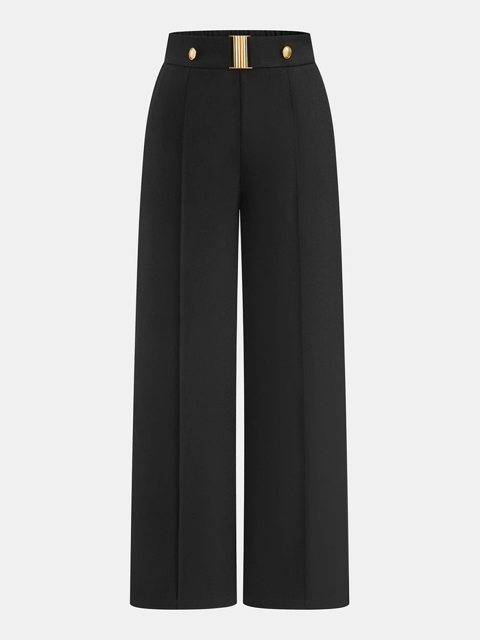 Metal Bar Detail Front Seam Straight Leg Tailored Trousers with High Waist
