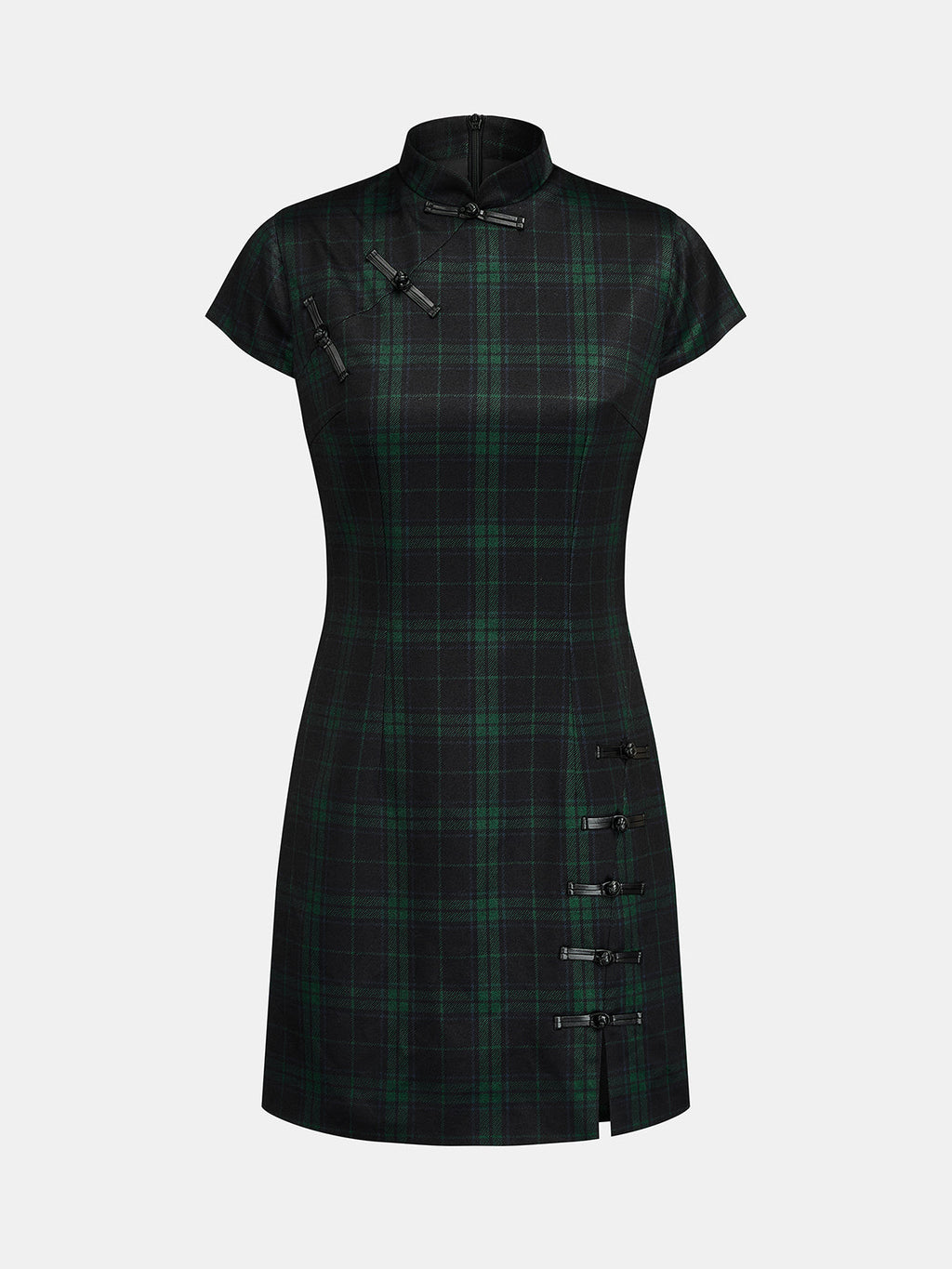 Plaid Frog Button Bodycon Mini Dress Classic Trendy Fit