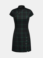 Plaid Frog Button Bodycon Mini Dress Classic Trendy Fit