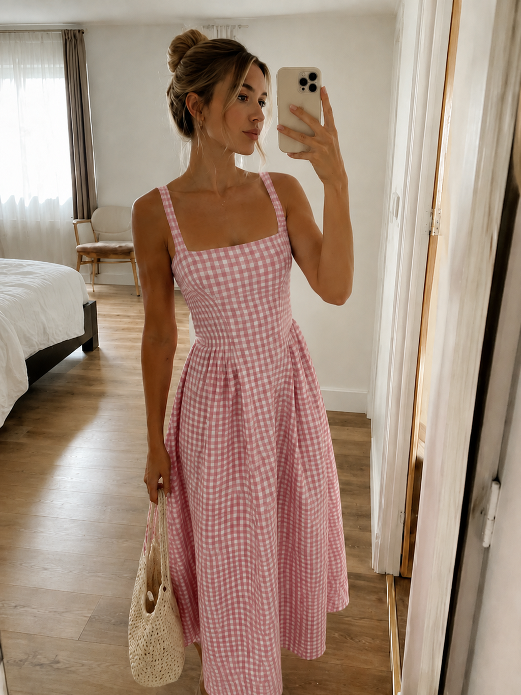 Plaid Smocked Bust Flare Vacation Sundress Lightweight Summer Style