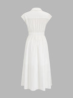 Cap Sleeve Cinched Waist Shirt Midi Dress with Side Pockets and V-Neck
