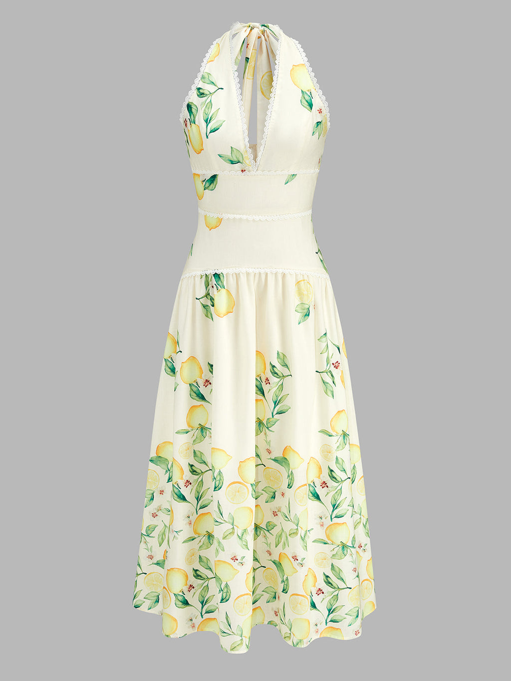 Lemon Print Halter Lace Trim Flared Midi Dress with Backless Design
