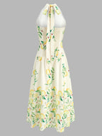 Lemon Print Halter Lace Trim Flared Midi Dress with Backless Design